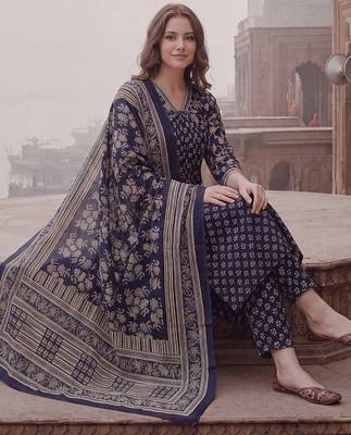 women ethnic motifs printed regular cotton kurta with trousers & with dupatta 5