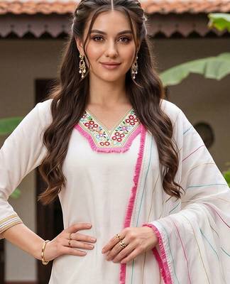 women ethnic motifs embroidered regular thread work kurta with trousers & with dupatta 2