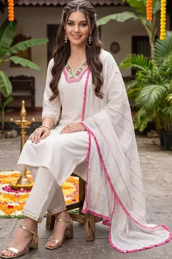 women ethnic motifs embroidered regular thread work kurta with trousers & with dupatta