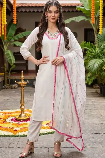 women ethnic motifs embroidered regular thread work kurta with trousers & with dupatta