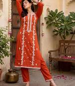 women ethnic motifs embroidered regular thread work kurta with trousers