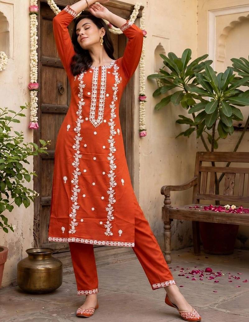 women ethnic motifs embroidered regular thread work kurta with trousers