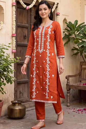 women ethnic motifs embroidered regular thread work kurta with trousers