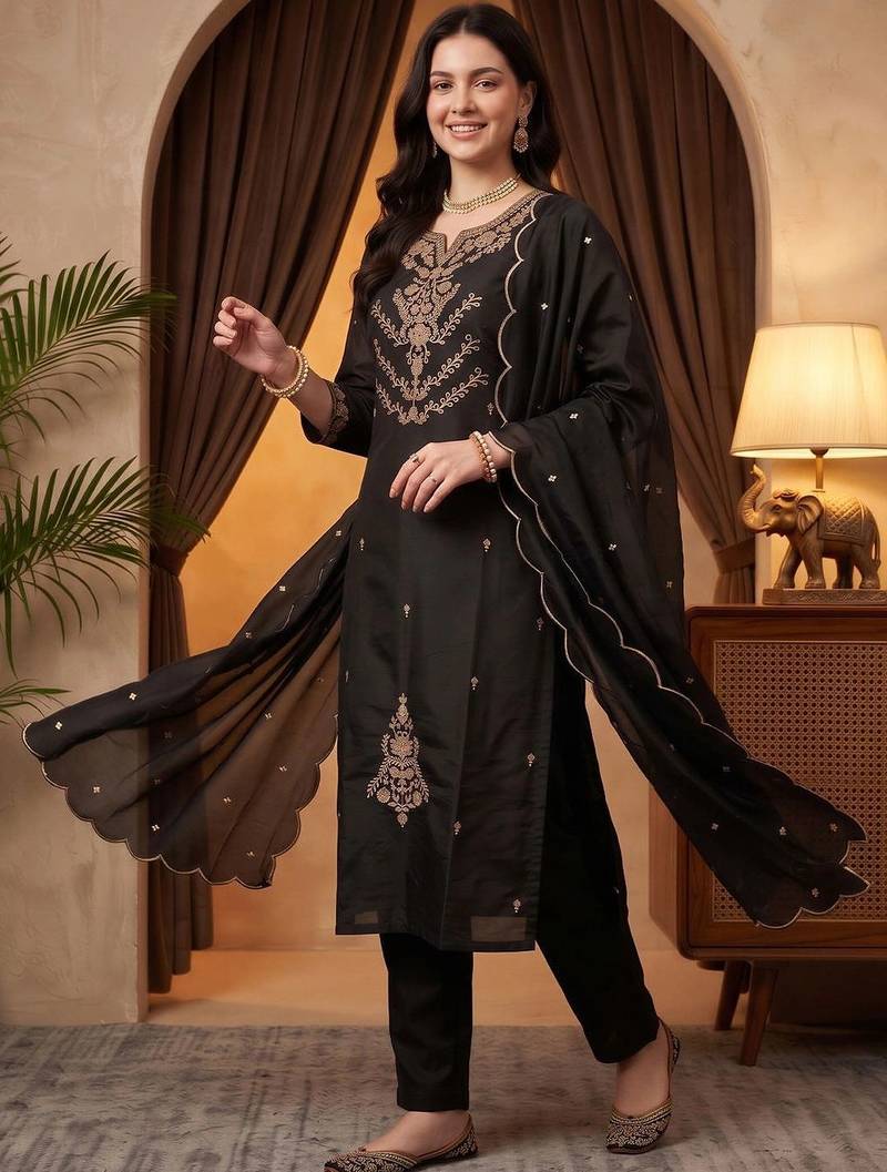 women ethnic motifs embroidered regular thread work kurta with trousers & with dupatta
