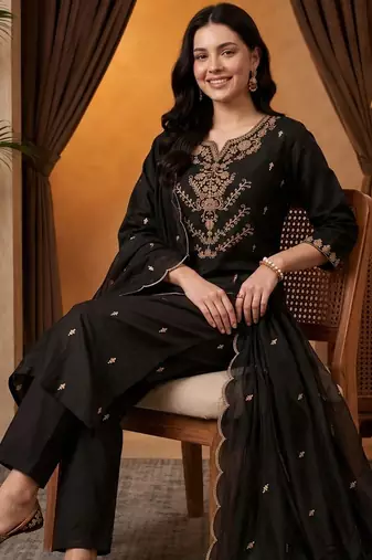 women ethnic motifs embroidered regular thread work kurta with trousers & with dupatta