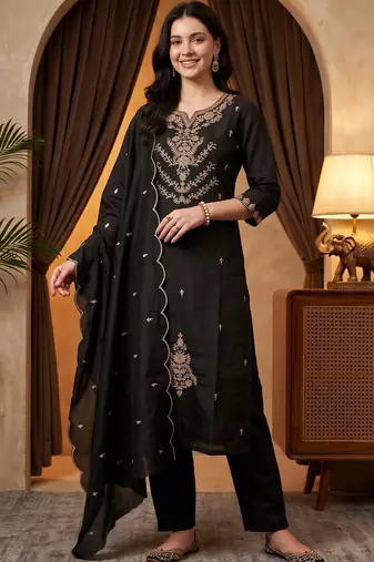 women ethnic motifs embroidered regular thread work kurta with trousers & with dupatta