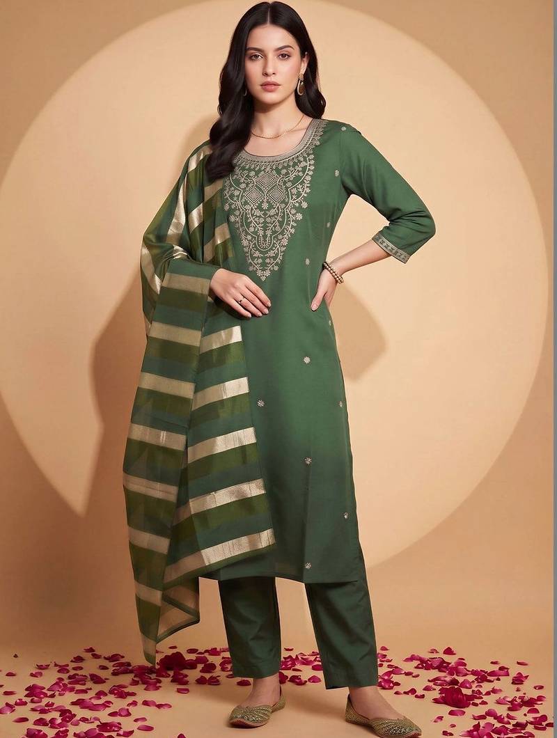 women ethnic motifs embroidered regular thread work kurta with trousers & with dupatta