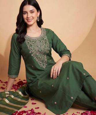 women ethnic motifs embroidered regular thread work kurta with trousers & with dupatta 5