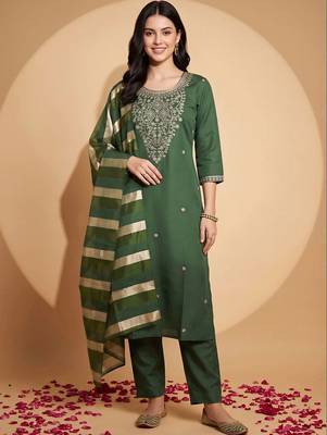 women ethnic motifs embroidered regular thread work kurta with trousers & with dupatta 6