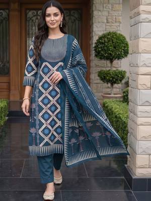 women printed regular cotton kurta with trousers & with dupatta 1