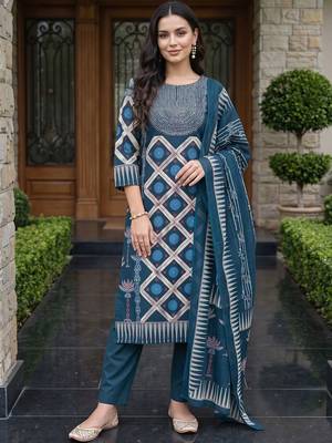 women printed regular cotton kurta with trousers & with dupatta 6