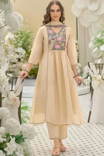 women ethnic motifs embroidered empire patchwork kurta with trousers & with dupatta