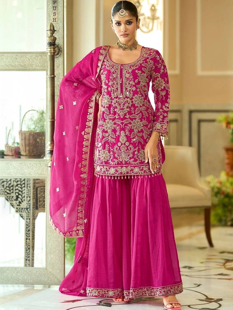 women ethnic motifs embroidered regular kurta with sharara & with dupatta