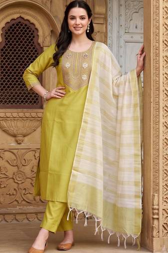 women ethnic motifs embroidered regular thread work liva kurta with trousers & with dupatta