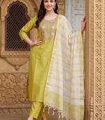 women ethnic motifs embroidered regular thread work liva kurta with trousers & with dupatta