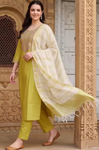women ethnic motifs embroidered regular thread work liva kurta with trousers & with dupatta