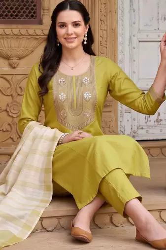 women ethnic motifs embroidered regular thread work liva kurta with trousers & with dupatta