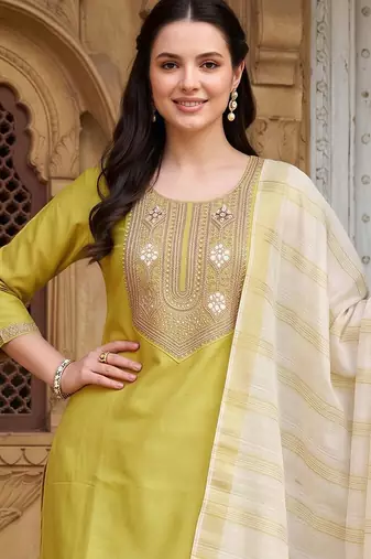 women ethnic motifs embroidered regular thread work liva kurta with trousers & with dupatta