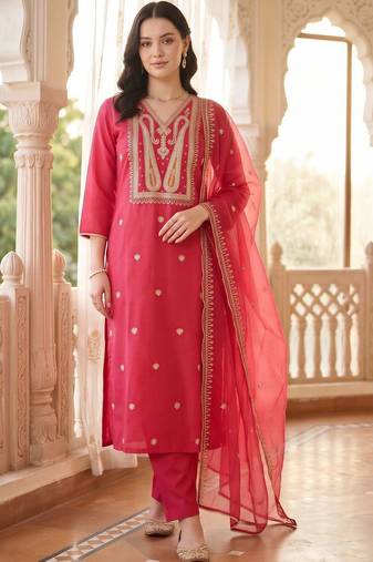 women ethnic motifs embroidered regular liva kurta with trousers & with dupatta