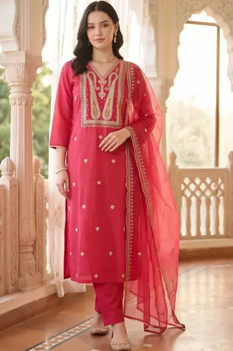 women ethnic motifs embroidered regular liva kurta with trousers & with dupatta