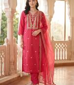 women ethnic motifs embroidered regular liva kurta with trousers & with dupatta