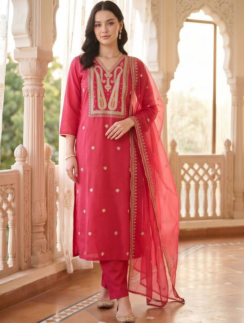 women ethnic motifs embroidered regular liva kurta with trousers & with dupatta