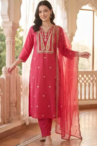women ethnic motifs embroidered regular liva kurta with trousers & with dupatta