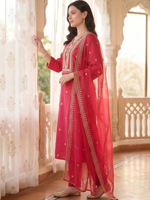 women ethnic motifs embroidered regular liva kurta with trousers & with dupatta 3