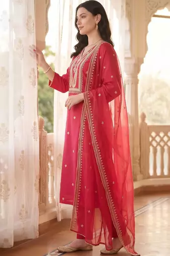 women ethnic motifs embroidered regular liva kurta with trousers & with dupatta