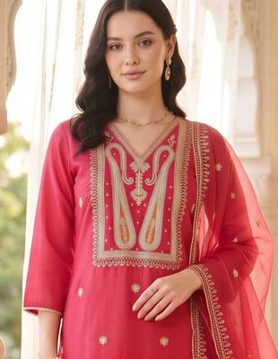 women ethnic motifs embroidered regular liva kurta with trousers & with dupatta 6