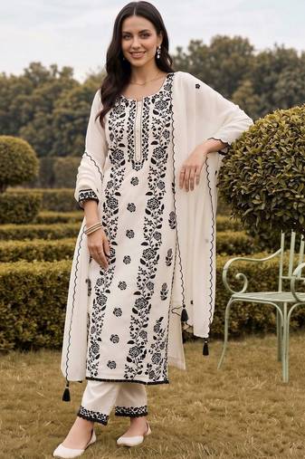 women floral embroidered regular thread work kurta with trousers & with dupatta