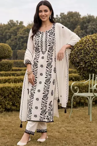 women floral embroidered regular thread work kurta with trousers & with dupatta