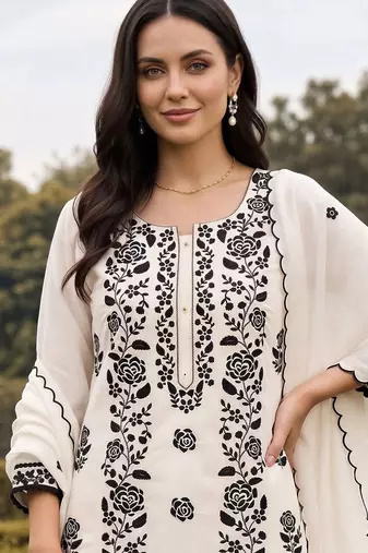 women floral embroidered regular thread work kurta with trousers & with dupatta
