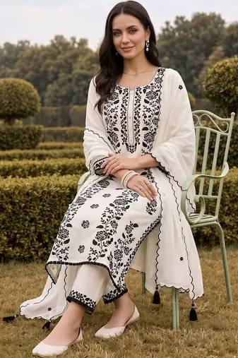 women floral embroidered regular thread work kurta with trousers & with dupatta