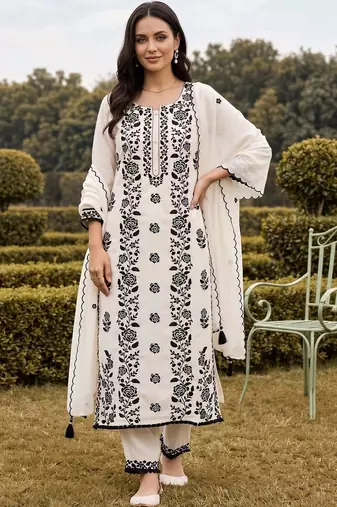 women floral embroidered regular thread work kurta with trousers & with dupatta