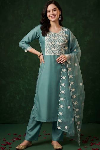 women ethnic motifs embroidered regular thread work kurta with trousers & with dupatta