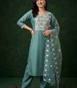 women ethnic motifs embroidered regular thread work kurta with trousers & with dupatta