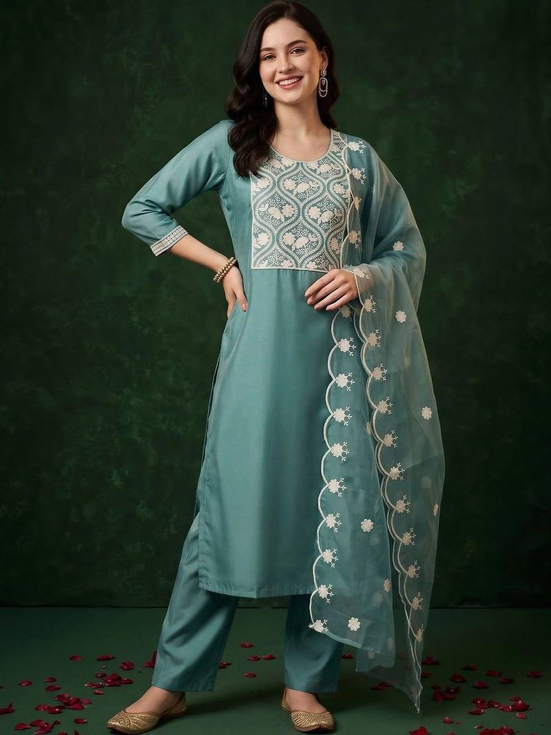 women ethnic motifs embroidered regular thread work kurta with trousers & with dupatta