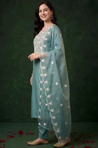 women ethnic motifs embroidered regular thread work kurta with trousers & with dupatta
