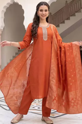 women ethnic motifs embroidered regular thread work kurta with trousers & with dupatta