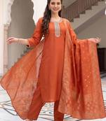 women ethnic motifs embroidered regular thread work kurta with trousers & with dupatta