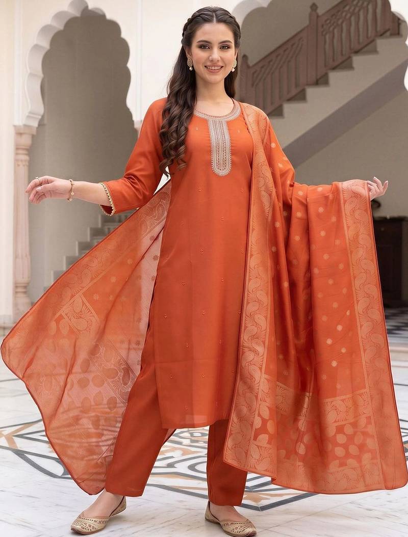 women ethnic motifs embroidered regular thread work kurta with trousers & with dupatta