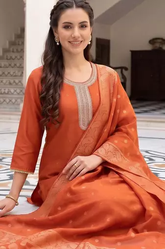 women ethnic motifs embroidered regular thread work kurta with trousers & with dupatta