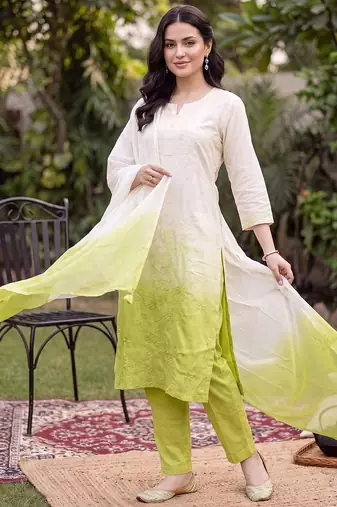 women ethnic motifs embroidered regular thread work cotton kurta with trousers & with dupatta