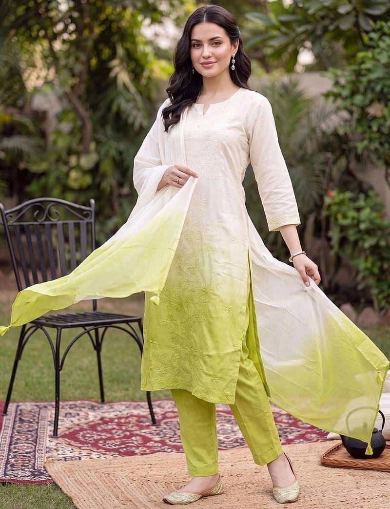 women ethnic motifs embroidered regular thread work cotton kurta with trousers & with dupatta