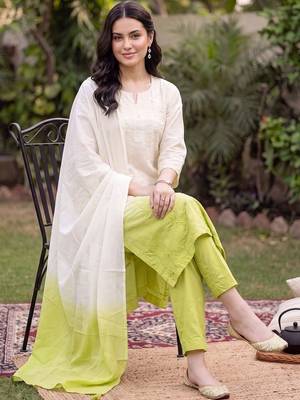 women ethnic motifs embroidered regular thread work cotton kurta with trousers & with dupatta 5