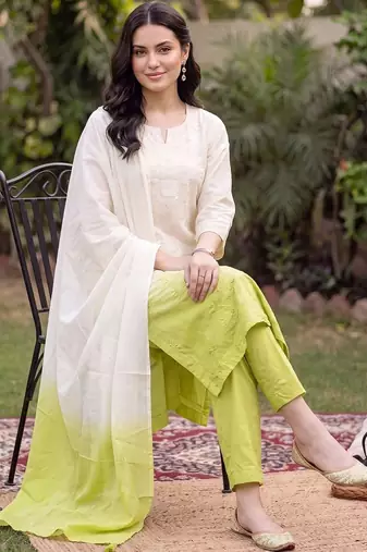 women ethnic motifs embroidered regular thread work cotton kurta with trousers & with dupatta