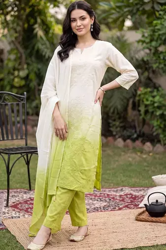 women ethnic motifs embroidered regular thread work cotton kurta with trousers & with dupatta