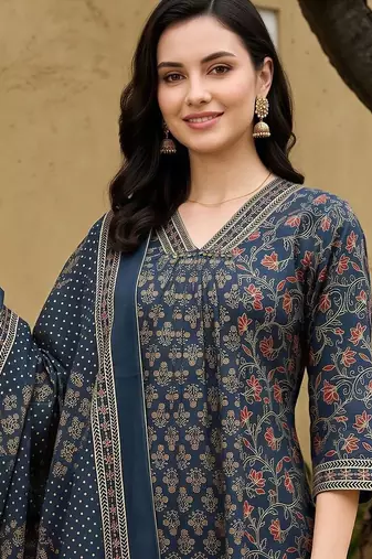 women ethnic motifs printed regular cotton kurta with trousers & with dupatta