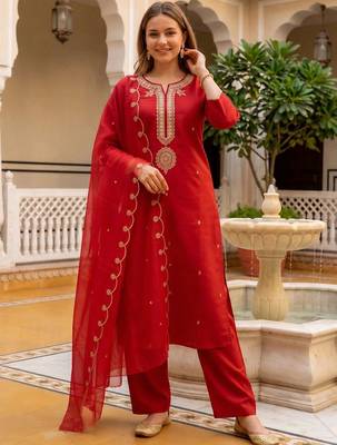 women ethnic motifs embroidered regular thread work liva kurta with palazzos & with dupatta 1